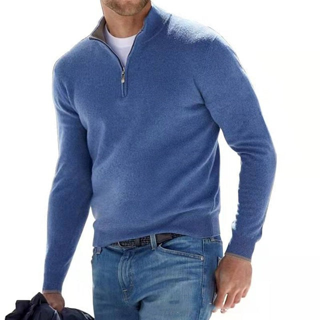 Pull Hugo homme en laine mérinos – col V et détail zippé