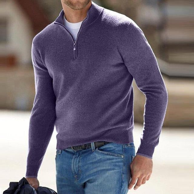 Pull Hugo homme en laine mérinos – col V et détail zippé