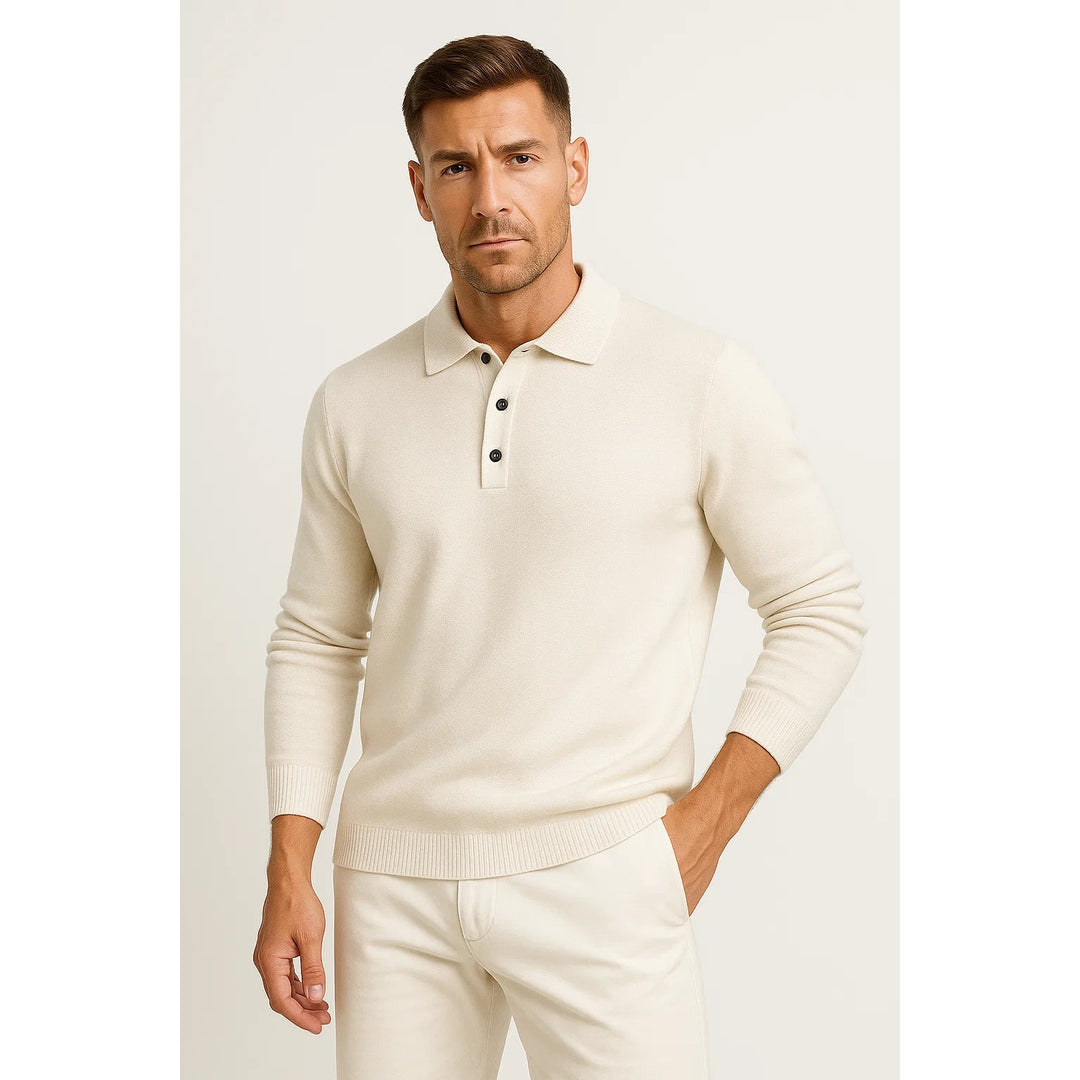 Pull polo homme en laine mérinos – col boutonné classique