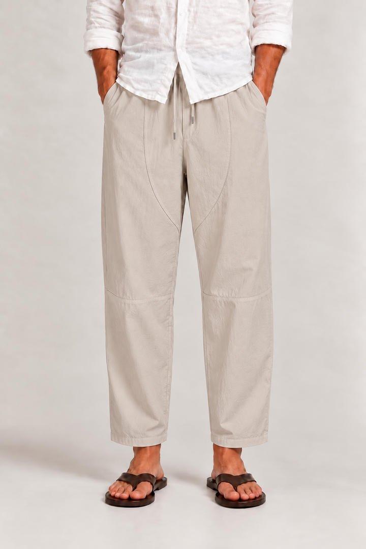 Pantalon court homme en coton et lin, taille à cordon