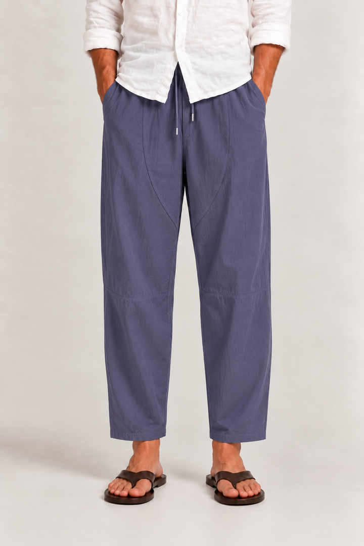 Pantalon court homme en coton et lin, taille à cordon