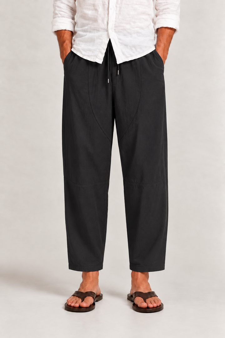 Pantalon court homme en coton et lin, taille à cordon