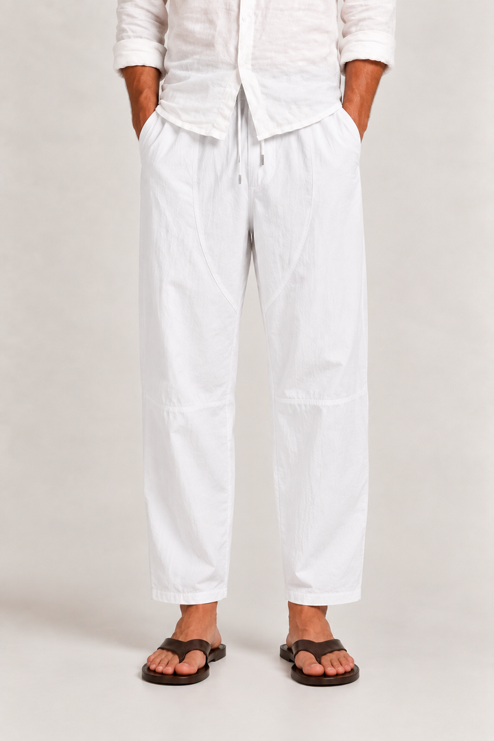 Pantalon court homme en coton et lin, taille à cordon