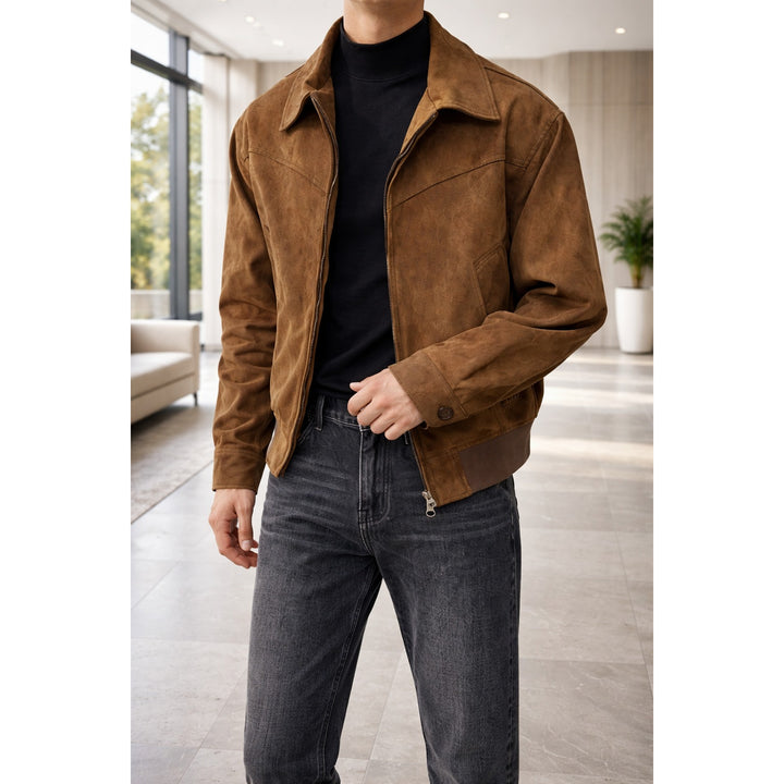 Veste homme en cuir suédé zippée – col classique