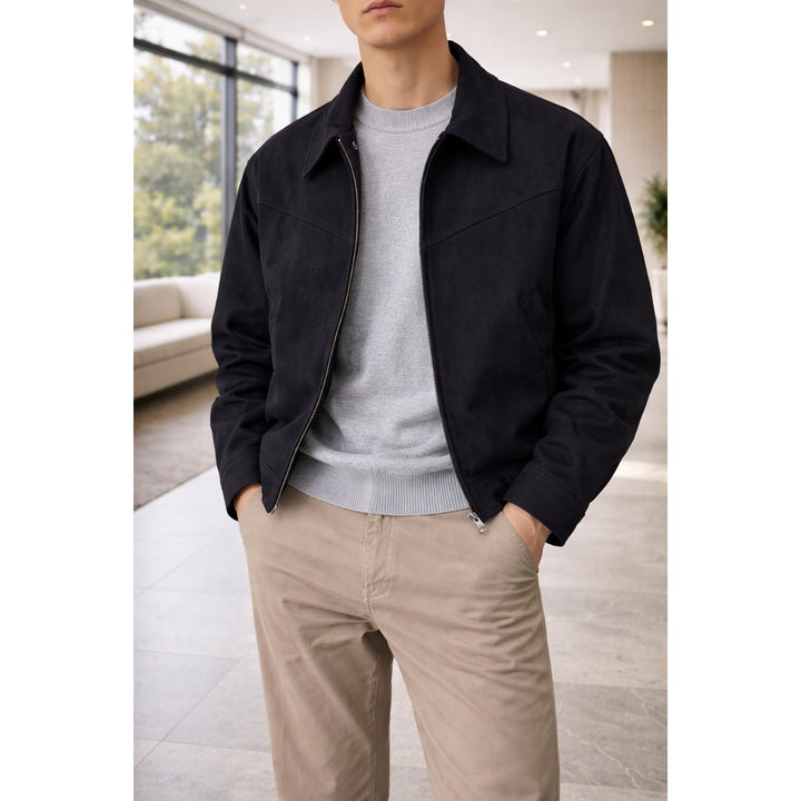 Veste homme en cuir suédé zippée – col classique
