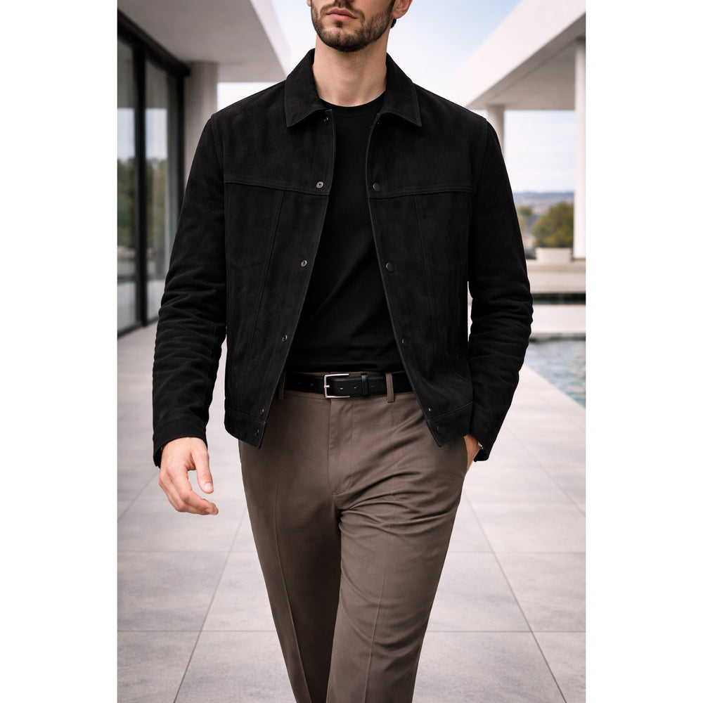 Veste trucker homme en cuir suédé – boutonnée et structurée